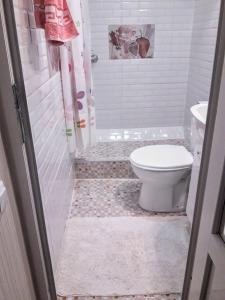 y baño con aseo y ducha. en apartamenti drevni batumi, en Batumi