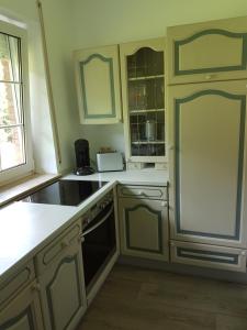 a kitchen with wooden cabinets and a stove top oven at Fritzlar Ederauen in Fritzlar