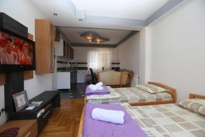 a living room with two beds and a kitchen at Nova Apartments in Ohrid