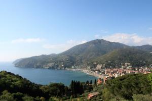 a view of a bay with a town and mountains at Hotel Palazzo Vannoni in Levanto