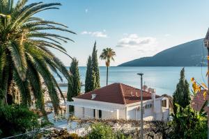 a white house with palm trees and the ocean at Nina in Herceg-Novi