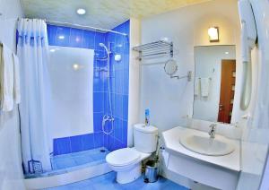 y baño con aseo, lavabo y ducha. en Hostel JUPITER en Tsaghkadzor