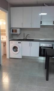 uma cozinha com uma máquina de lavar roupa e um lavatório em Apartamento Ebro em Teruel