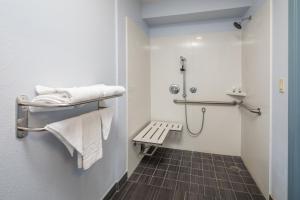 a bathroom with a shower and a towel rack at Silicon Valley Inn in Belmont +16 photos