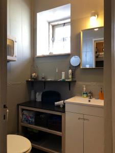 W łazience znajduje się umywalka, toaleta i lustro. w obiekcie Encantadora Casa do Limoeiro w Lizbonie
