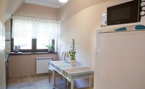 Il comprend une petite cuisine équipée d'une table et d'un réfrigérateur. dans l'établissement Noclegi w centrum Sienkiewicza, à Zakopane