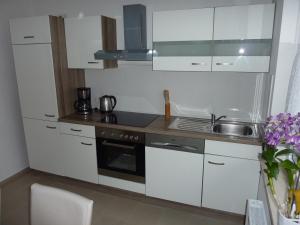 a kitchen with white cabinets and a sink at Ferienwohnung Landwehr in Großostheim