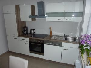eine Küche mit weißen Schränken und einer Spüle in der Unterkunft Ferienwohnung Landwehr in Großostheim + 5 Fotos