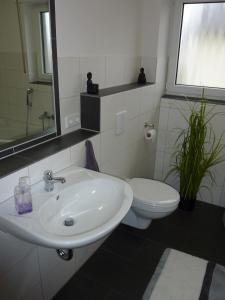 La salle de bains est pourvue d'un lavabo blanc et de toilettes. dans l'établissement Ferienwohnung Landwehr, à Großostheim