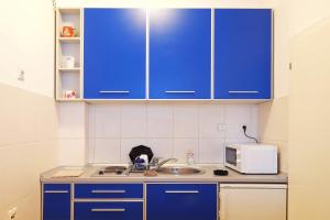 a kitchen with blue cabinets and a sink at Apartment Aska in Belgrade