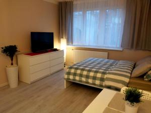 グディニャにあるVanilly Apartament Centrum Gdyniaのベッドルーム(ベッド1台、ドレッサー内のテレビ付)