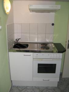 una pequeña cocina con fogones y fregadero en Charmante Ferienwohnung, en Plön