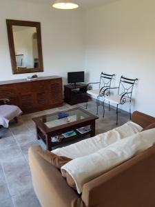 ein Wohnzimmer mit einem Sofa, einem Tisch und einem Spiegel in der Unterkunft courtaline in Pietralba