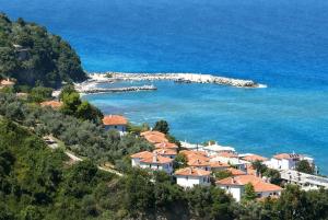 grupa domów na wzgórzu nad oceanem w obiekcie Akro Rooms w mieście Agios Ioannis Pelio