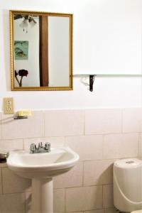 La salle de bains est pourvue d'un lavabo, d'un miroir et de toilettes. dans l'établissement Hostal del Mar - Main Street, à Bocas del Toro