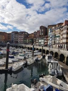 a group of boats docked in a harbor with buildings at Torrontero con vistas al mar in Bermeo
