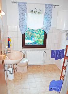 ラウターバッハにあるFerienappartements Haus Fischersruhのバスルーム(洗面台、トイレ付)、窓が備わります。