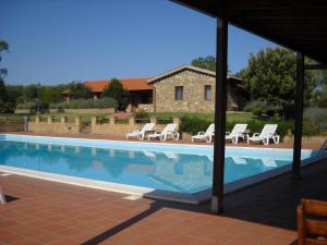 einen Pool mit Liegestühlen und ein Haus in der Unterkunft Agriturismo Podere del Vescovo in Montenero