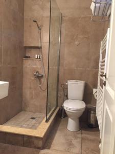La salle de bains est pourvue de toilettes et d'une douche en verre. dans l'établissement Olympios Zeus Hotel, à Kato Zachlorou