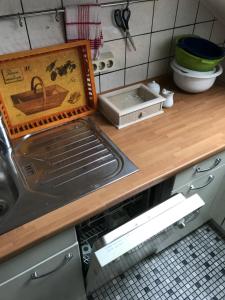 a kitchen counter with a sink and a drying rack at Apartment Am Sudbach in Löhne