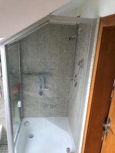 a shower with a glass door in a bathroom at Apartment Am Sudbach in Löhne