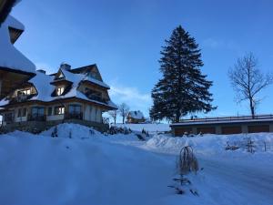 a house covered in snow with a christmas tree at Siwa Skała in Kościelisko