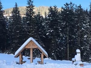 a wooden gazebo in the snow with trees at Siwa Skała in Kościelisko