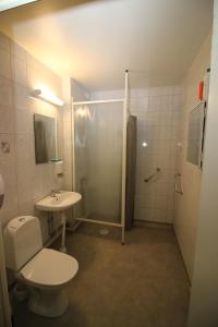 a bathroom with a shower and a toilet and a sink at Borlänge Hostel and Apartments in Borlänge