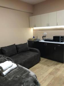 a living room with a couch and a kitchen at Gudauri L Residence in Gudauri