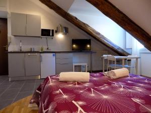 トリノにあるNonna Pieraの紫色のベッドとキッチンが備わる客室です。