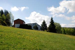 una collina erbosa con un fienile e una casa di Ferienwohnung Körnerberg a Klingenthal