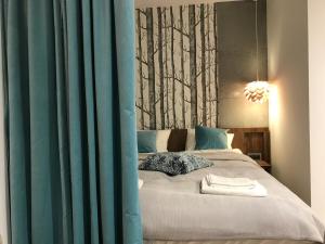 カトヴィツェにあるFOREST Apart STOP SMOG filtrのベッドルーム1室(青いカーテン付きのベッド1台付)