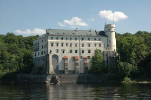 a castle on a island in the water at Resort Hotel Zvíkov in Zvíkovské Podhradí
