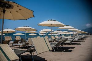 a bunch of chairs and umbrellas on a beach at OLIVETO A MARE - Suite & Apartment in Ascea