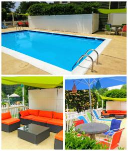 a collage of pictures of a swimming pool with furniture at Anvil Campground in Williamsburg