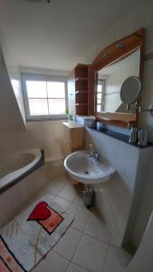 un baño con lavabo y espejo en Messezimmer Laatzen APO 3, en Hannover 13 fotos más