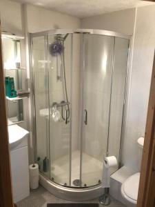 ein Bad mit einer Dusche und einem WC in der Unterkunft HP Bed and Breakfast in Congleton
