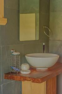 a bathroom with a bowl sink on a wooden counter at Vertientes De Pumillahue, Chiloe in Pumillahue
