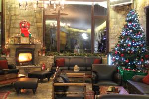 a living room with a christmas tree and a fireplace at Alkistis Hotel in Portaria