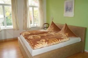 Bett in einem Zimmer mit grünen Wänden und Fenstern in der Unterkunft Ferienwohnung Schlossblick Altenburg in Altenburg