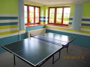 una mesa de ping pong en una habitación con ventanas en Miramonti Apartmány en Vysoke Tatry - Horny Smokovec