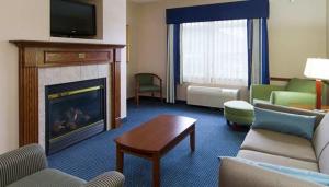 a living room with a fireplace in a hotel room at Wingate by Wyndham Ellicottville in Ellicottville