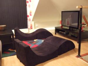 een woonkamer met 2 banken en een flatscreen-tv bij Honeymoon Seaview Apartment in Helsingborg