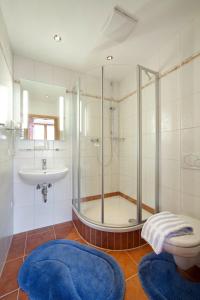 ein Bad mit einer Dusche, einem WC und einem Waschbecken in der Unterkunft Gasthof Jachenau in Jachenau