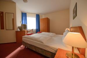 a hotel room with a bed and a television at Mini Himalaya Frankfurt City Messe in Frankfurt/Main