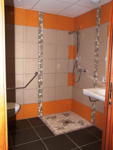 y baño con ducha, aseo y lavamanos. en Hostellerie Del Matin Calme en Montverdun