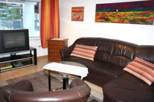 a living room with a leather couch and a tv at Ferienwohnung Pruchten VORP 1163 in Pruchten