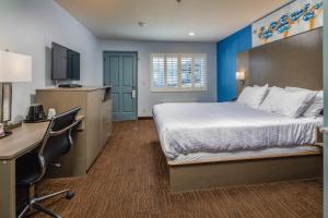 a hotel room with a bed and a desk and a computer at Silicon Valley Inn in Belmont