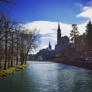 a river in front of a building with a church at Hotel Florence in Lourdes
