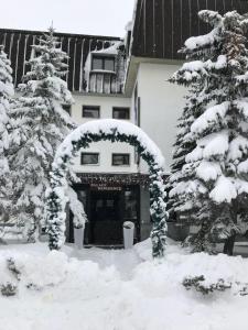 セストリエーレにあるApartment 4 Palace Sestriereの雪に覆われた木々が目の前に広がる家